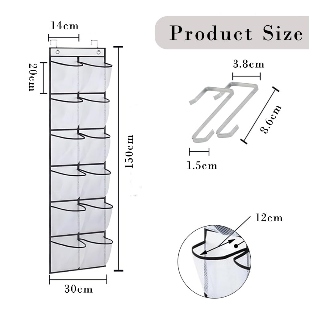 Nolvireth Hanging Shoe Storage, Over Door Shoe Storage Organizer, 12 Mesh Pockets, 2 Metal Hooks, Space Saving Shoe Holder