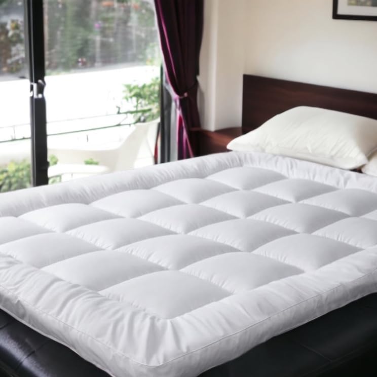 VL Mattress Topper Double Size 10cm Thick Microfiber Quilted Fluffy and Soft Mattress Protector with Strong Corner Straps for Firm Grip WHITE (10cm