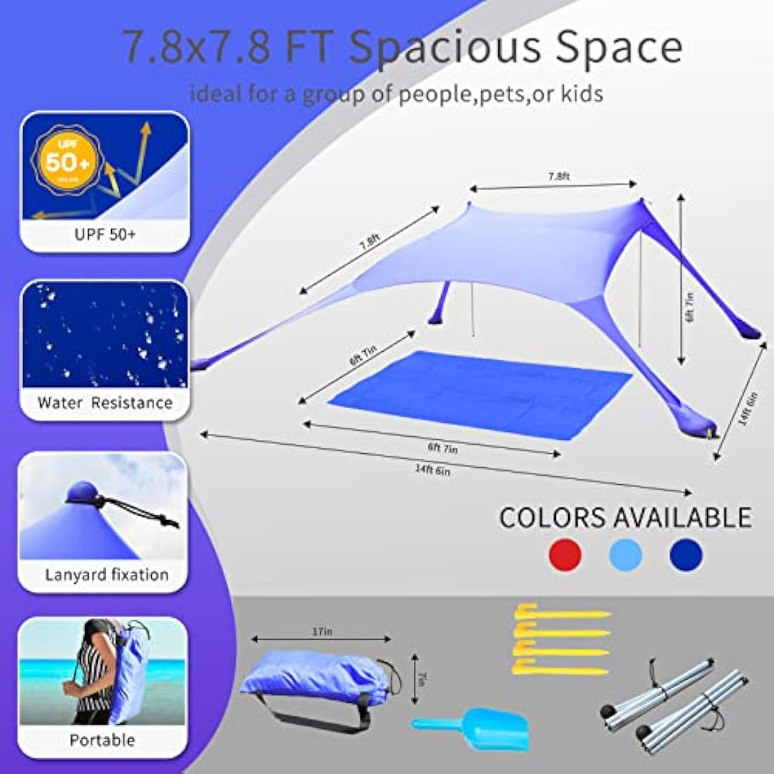 CUUPO 77 FT Beach Tent Sun Shelter UPF50+ UV Protection, Outdoor Canopy Tent Sun Shade with 2 Poles for Camping, Fishing, Backyard and Picnics with Sandproof Beach Blanket Royal Blue