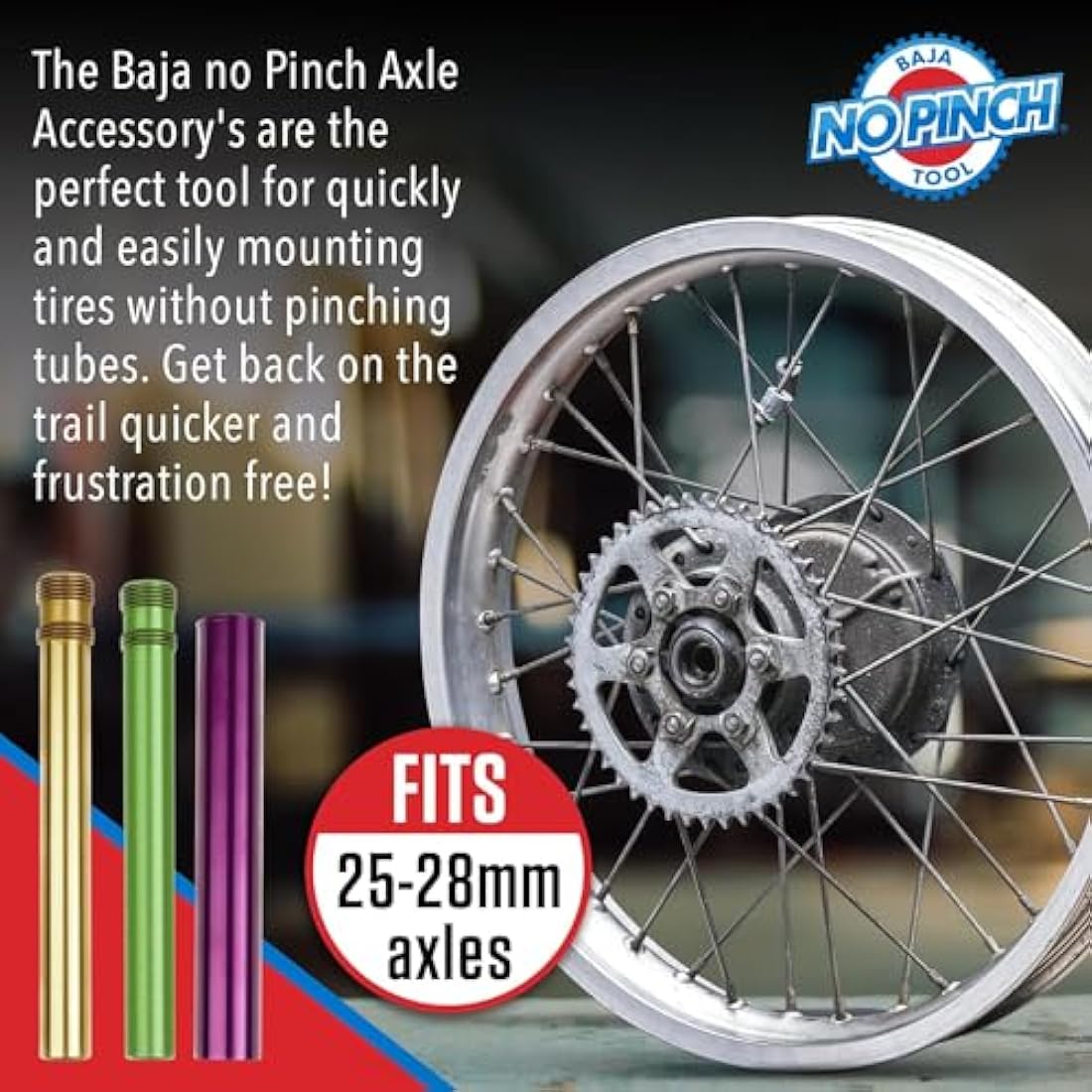 BAJA NO PINCH 17mm Axle Shaft Accessory Kit | Fits 17mm & 19mm Axles | Dirt Bike Tool Kit & Motorcycle Tyre Changer | Tyre Monkey Lever, Enduro Wheel Changing, Dirt Bike Accessories | Gold