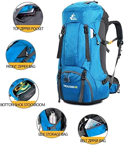Bseash 60L Waterproof Hiking Camping Backpack with Rain Cover, Lightweight Outdoor Sport Travel Daypack Rucksack for Climbing Skiing