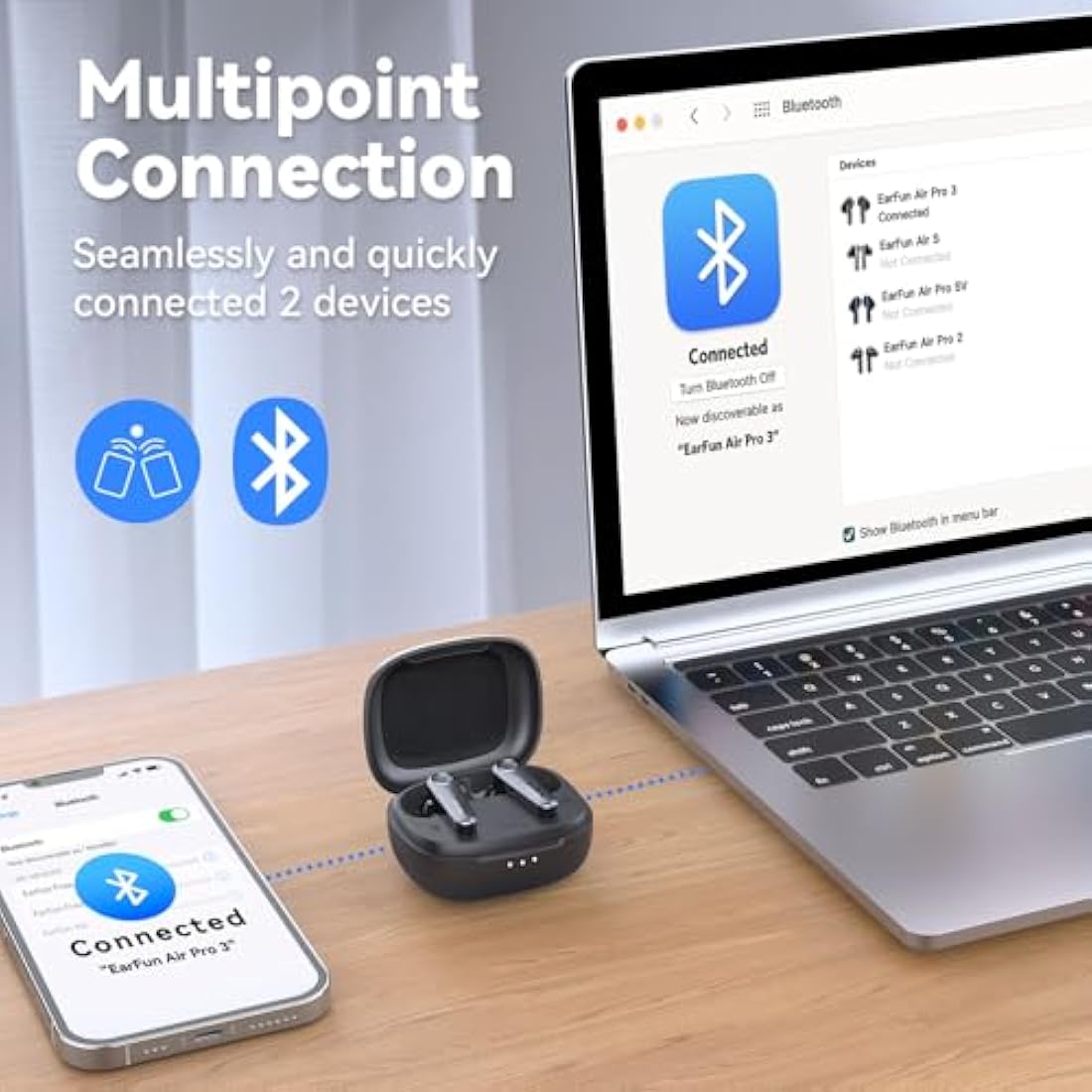 EarFun Air Pro 3 Wireless Earbuds, Hybrid Active Noise Cancelling, Qualcomm® aptX™ Adaptive Sound, 6 Mics CVC8.0 Calls, Bluetooth 5.3, 11mm Wool Drivers, Multi-Connection, App Customize EQ, 45H