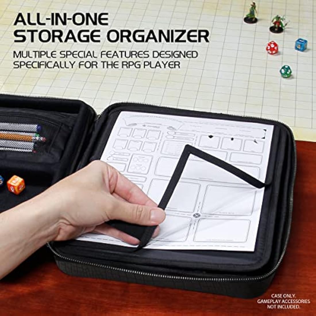 ENHANCE Collector's Edition RPG Organizer Case - DND Binder with Built-in Character Sheet Holder and Erasable Scribe Panel, Dice Rolling Area, Removable Pen Pouch, Miniature Foam Tray (Dragon Black)