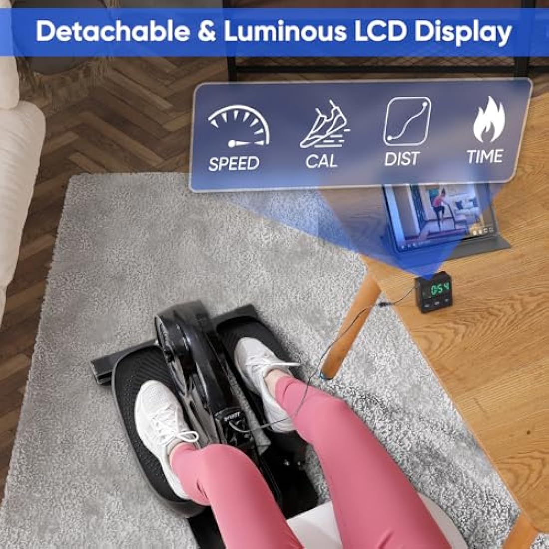 YYFITT Under Desk Elliptical Machine w/Luminous Digits, Pedal Exerciser w/Big Pedal, Adjustable Resistance for Home & Office Daily Workout, 2-in-1 Seat & Stand Up Exercise w/Detachable Display