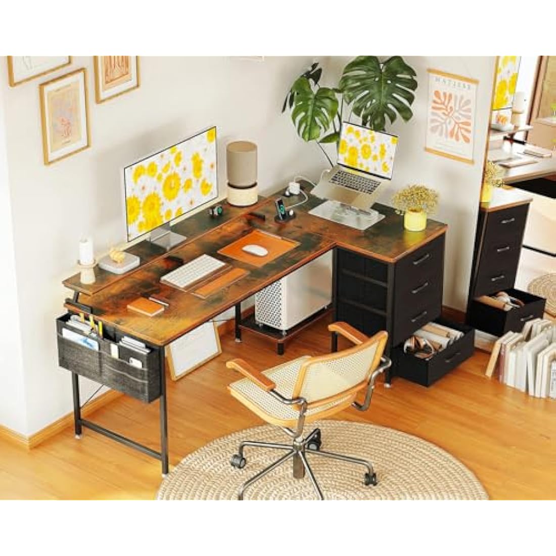 ODK Corner Desk with Drawers, L Shaped Computer Desk 140x80cm with USB Charging Port & Power Outlet, Home Office Desk with Monitor Stand and PC Stand, Gaming Desks Workstations, Rustic Brown