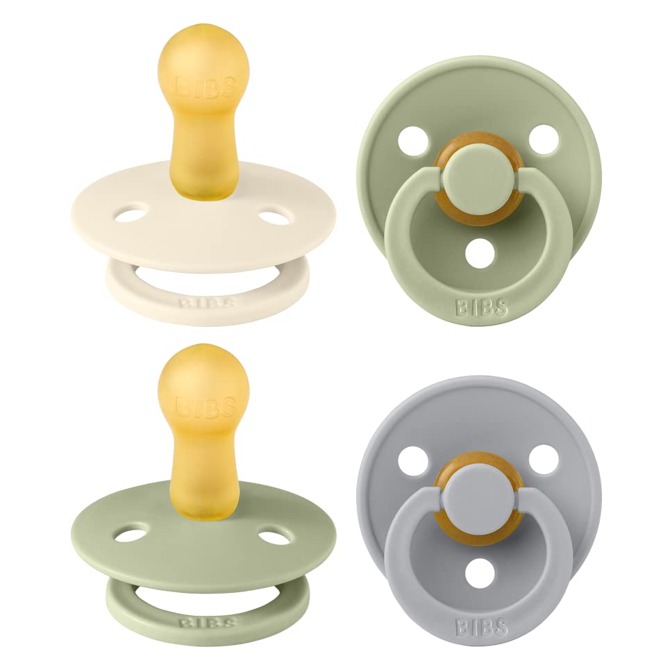 BIBS Dummies Colour 4-Pack, BPA Free Dummy Pacifier, Round Nipple Soothers, Natural Rubber Latex, Made in Denmark. 6-18 Months (Pack of 4), Sage Mix