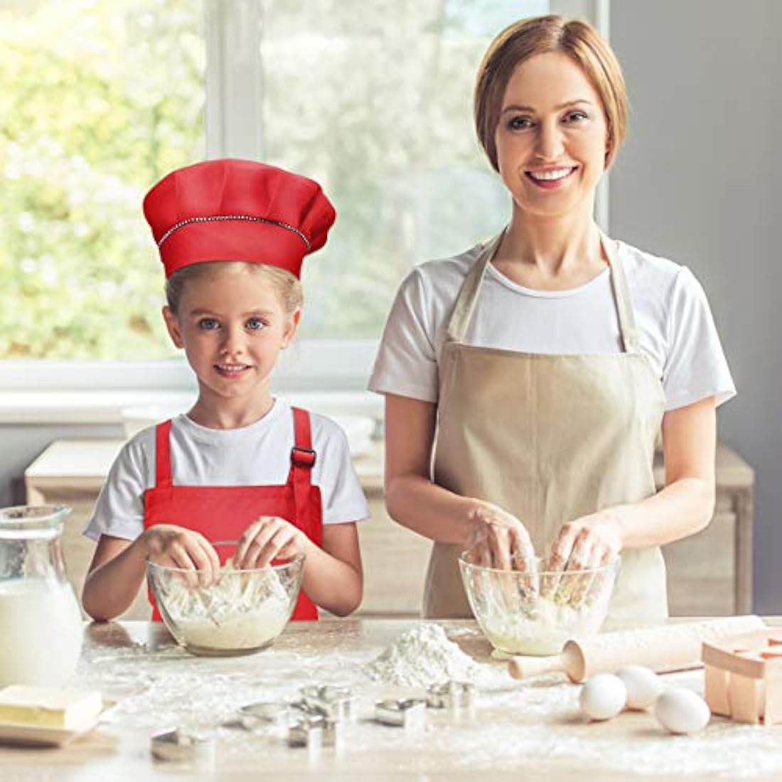 4 Pcs White Kids Apron and Chef Hat Set, Adjustable Children Aprons with Pockets for Boys Girls, Kitchen Garden Bib Aprons, Toddler Chef Apron for Baking Cooking Crafting Painting (M for 3-6 Age)