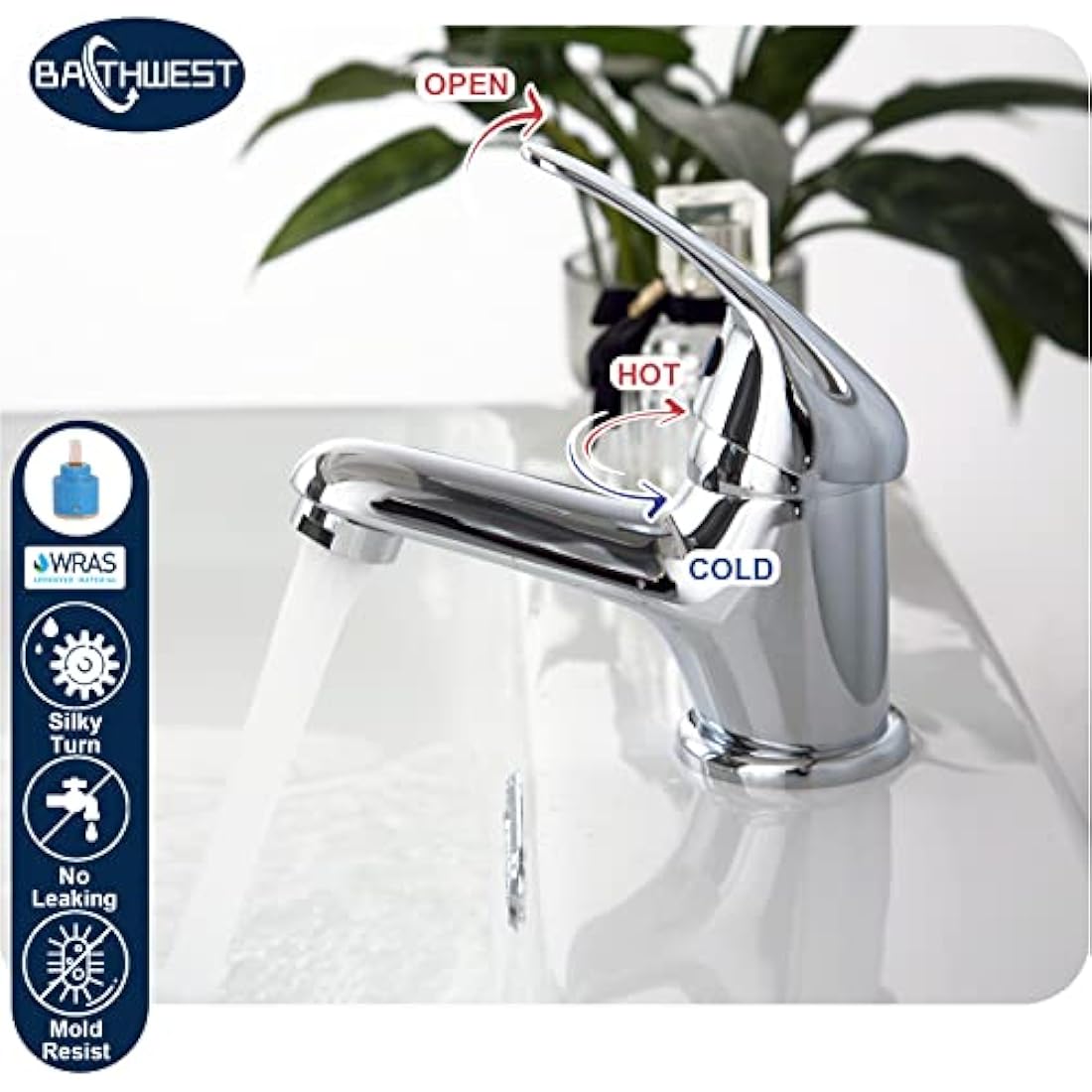Basin Mixer Tap with Pop Up Waste, BATHWEST Classic Brass Chrome Monobloc Bathroom Sink Taps with Sink Plug, Single Lever Morden Basin Taps with Waste 022NCR