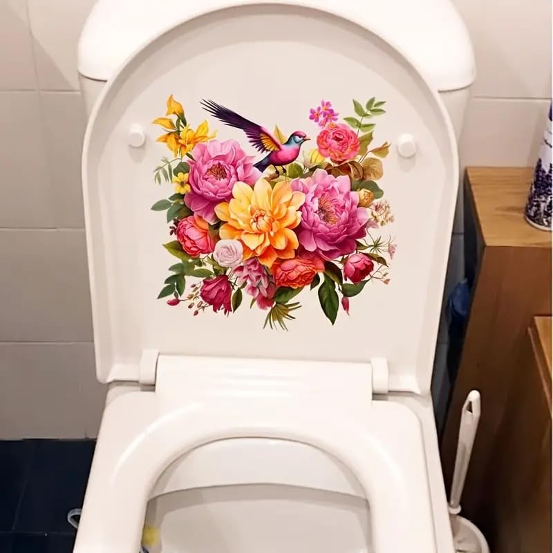 Colorful Flower Cluster Bird Toilet Cover Sticker Decals,Flower Leaf Butterfly Waterproof Toilet Lid Tank Seat Decals Cistern Self-Adhesive Bathroom