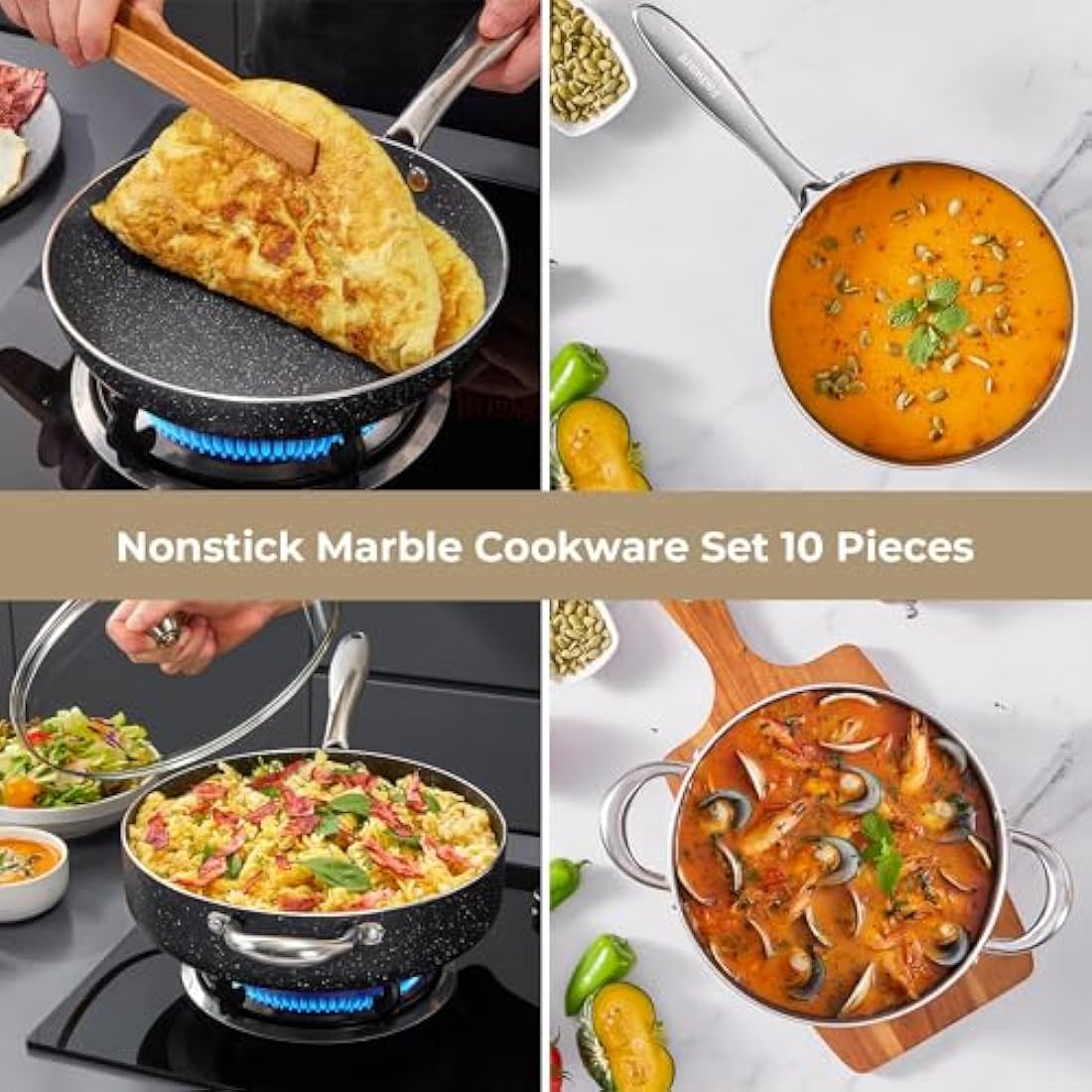 Nonstick Pots and Pans Set 10pcs, Induction hob Pan Set, Induction Compatible, Large Capacity Kitchen Cooking Pans