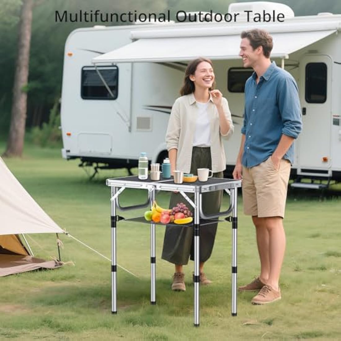Anbte Folding Camping Table with Storage Net, 3 Adjustable Heights Aluminum Picnic Table, 2ft Portable Table Waterproof Lightweight, for Outdoor Indoor Garden Beach Backyard, 60cm x 40cm, black