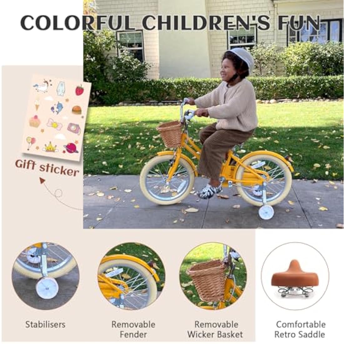Glerc Little Molly 12 Inch Kids Retro Girls Bike for 2-13 Year Old with Wicker Basket & Stabilisers/Kickstand, Multiple Colors