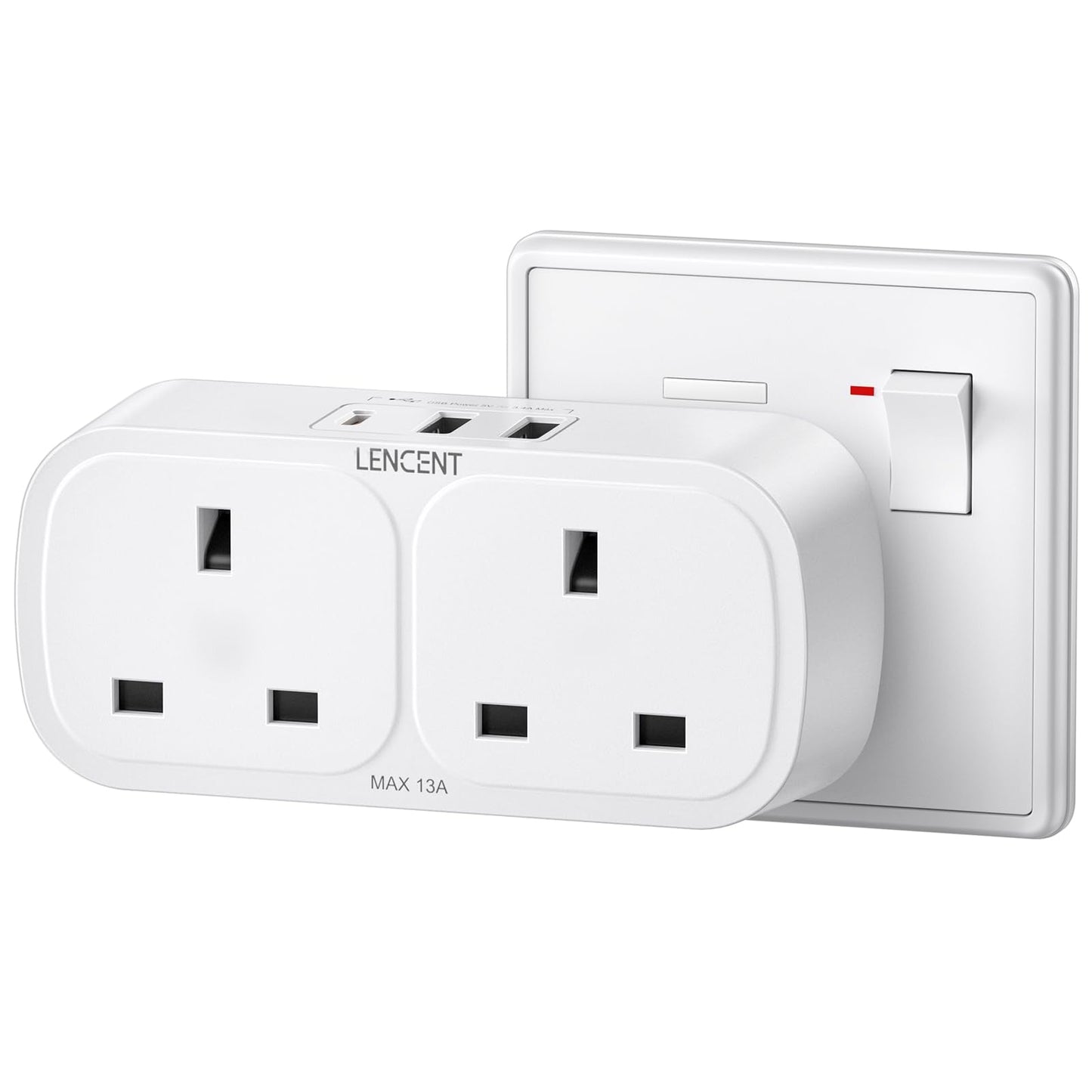 LENCENT Plug Adapter with 3 USB (Included 1 USB-C), Double Wall Plug Extension, Multi Adaptor 2 Gang Extender Suitable for UK, 13A 3250W for Home,