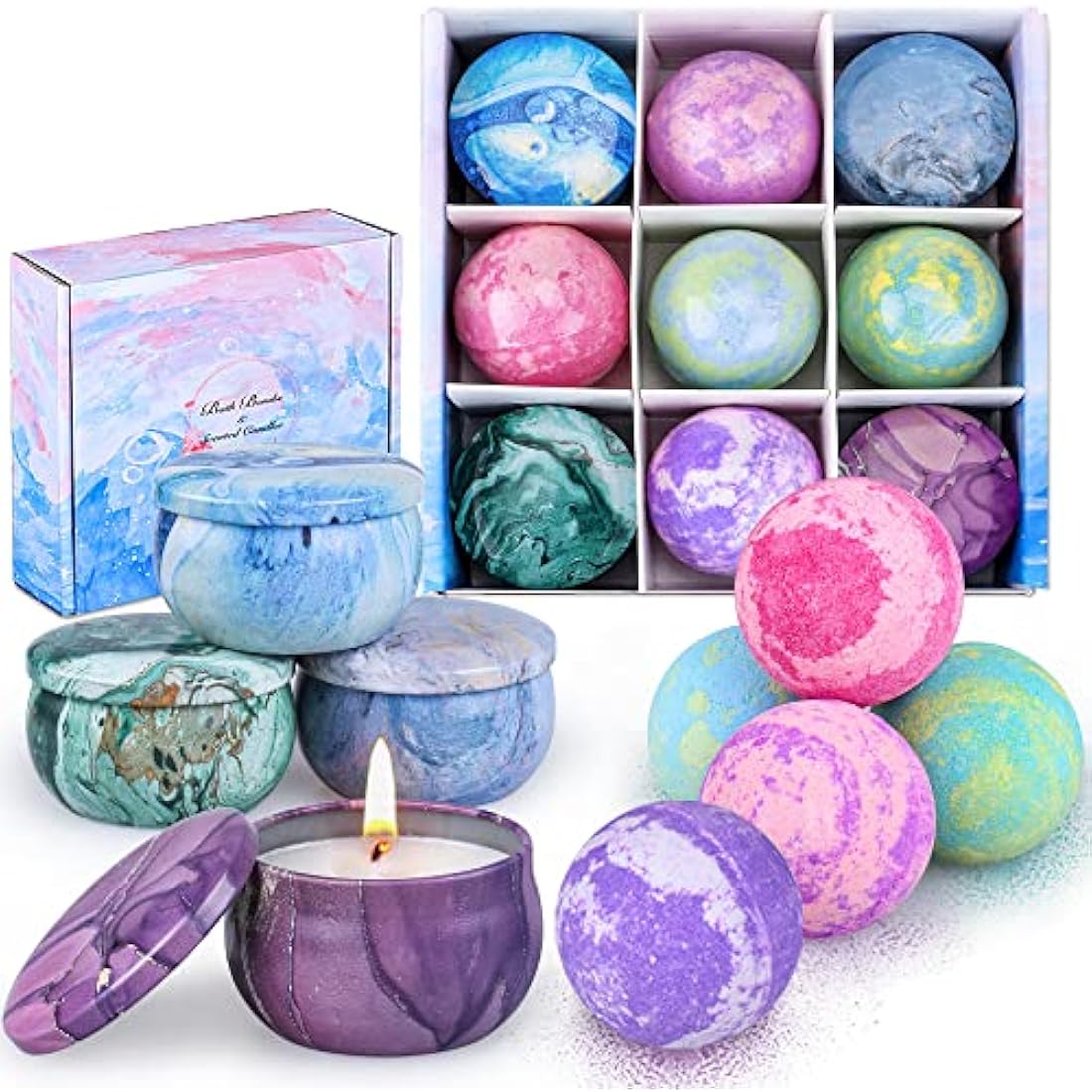 OFUN Bath Bombs & Scented Candles Gift Set, Large Bombs for Women Gifts, Spa Gift Idea for Girls, Friends, Kids Girlfriends Mum Mother's Day Birthday | 5 Bubble Balls & 4 Organic Soy Candles