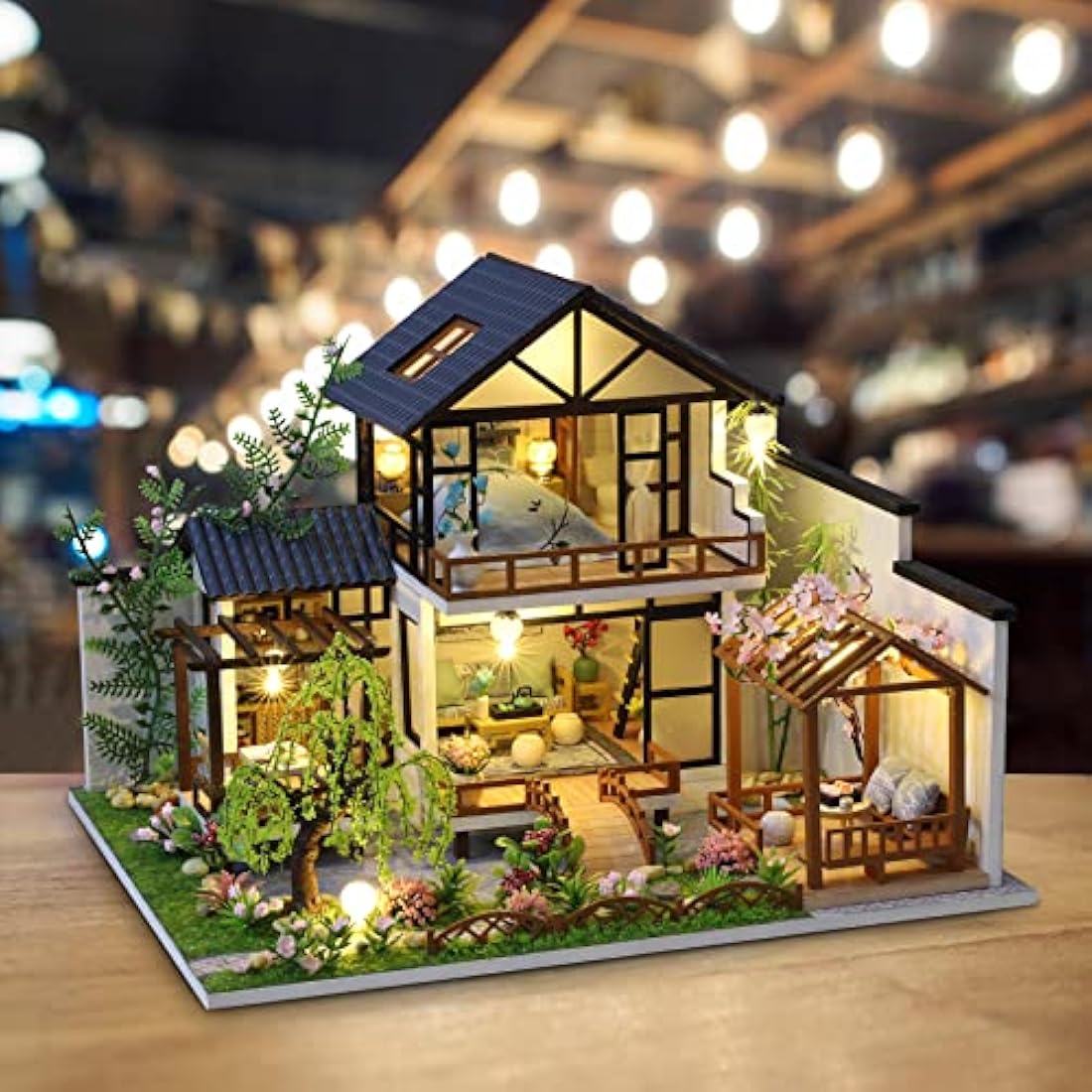 Cuteefun Miniature DIY Dolls House Kit, Wooden Doll house Kit with Furniture and Music Box, Handmade Crafts for Adults, 1:24 for Birthday, Valentine's Day Father's Day(Oriental Villa)
