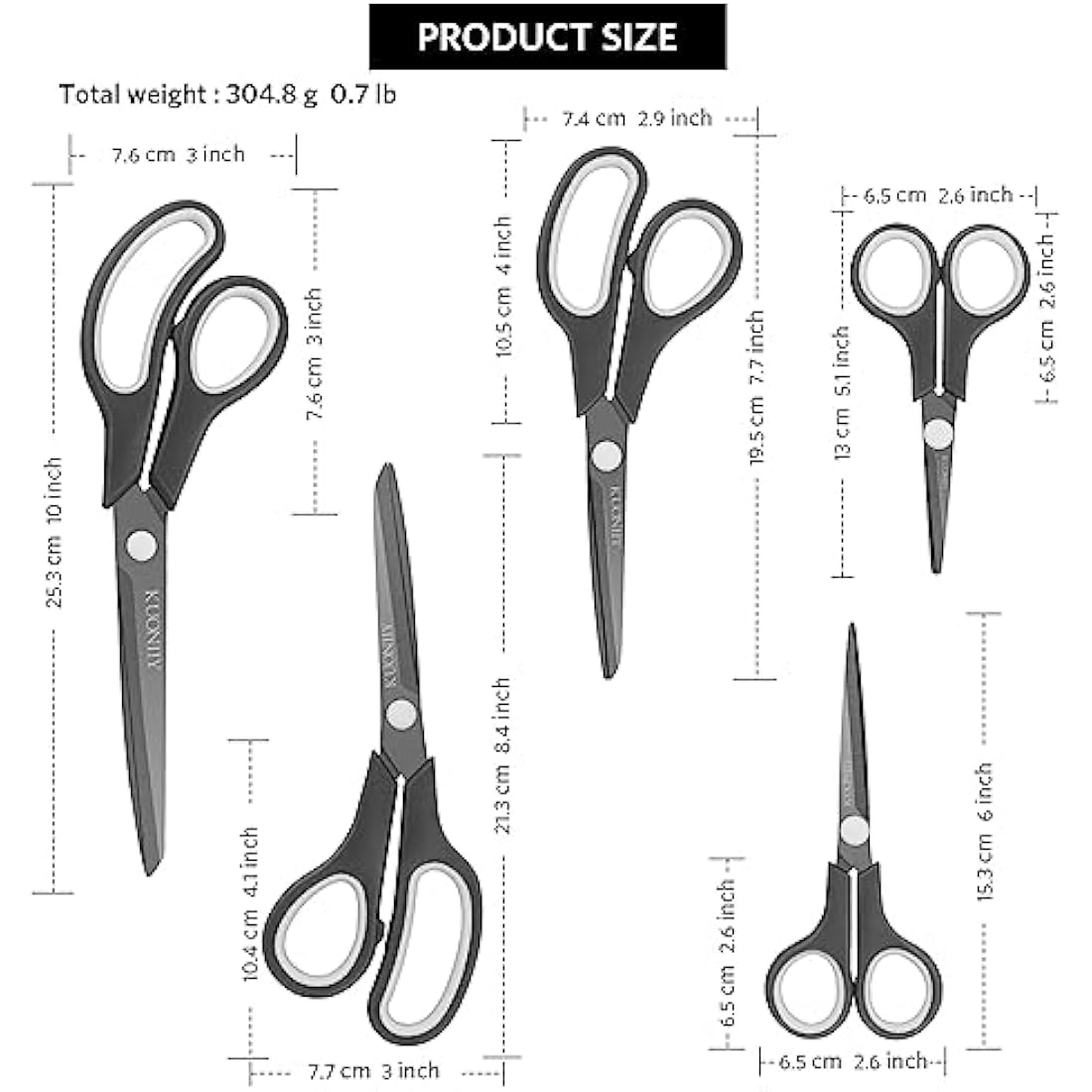 KUONIIY Scissors Ultra Sharp Titanium Coating Blades Soft Comfort-Grip Handles Multi-Purpose Scissors Set of 5