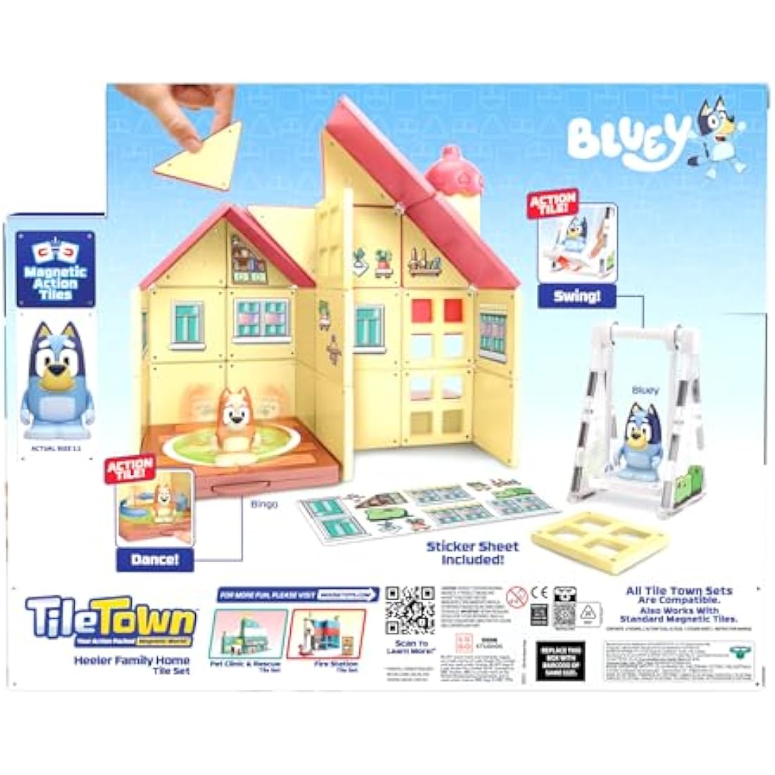 Tile Town Bluey Heeler Home Magnetic Tiles Construction Building Playset with Bluey and Bingo Figures, Kids 3-5+, New Action Tiles for Action Play, Realistic Builds, STEM Creative Toy