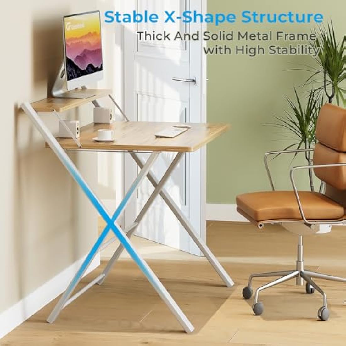 GreenForest Foldable Desk No Assembly Required,Small Desk with Monitor Shelf,Computer Desk for Small Space,Oak