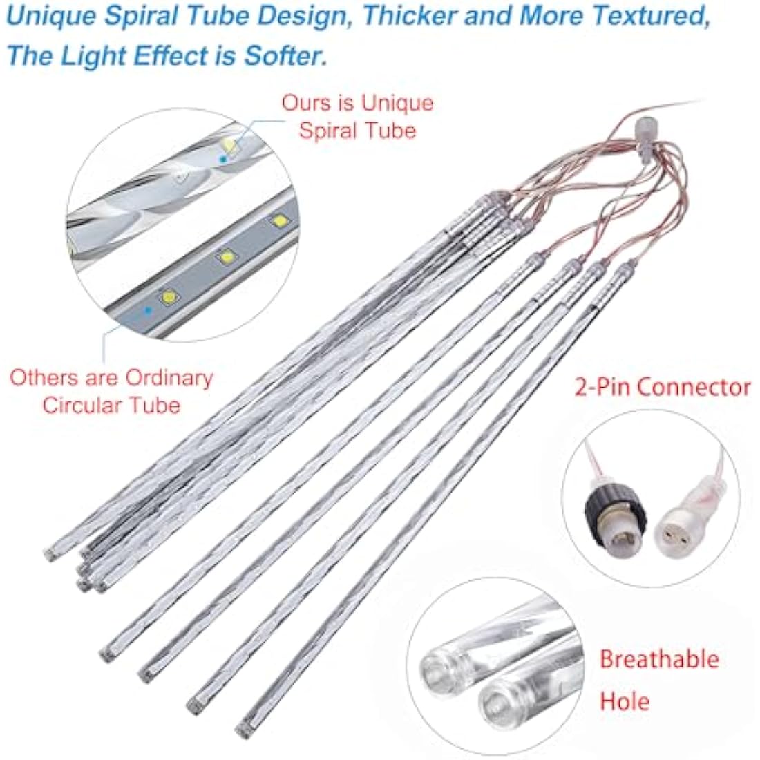 Vikdio Christmas Lights Outdoor, Meteor Shower Lights 16 Spiral Tubes 30cm 480 LEDs 5.25m Lit Length, Waterproof Snowfall Icicle Lights for Outdoor Xmas Decoration Party Tree Window (White)
