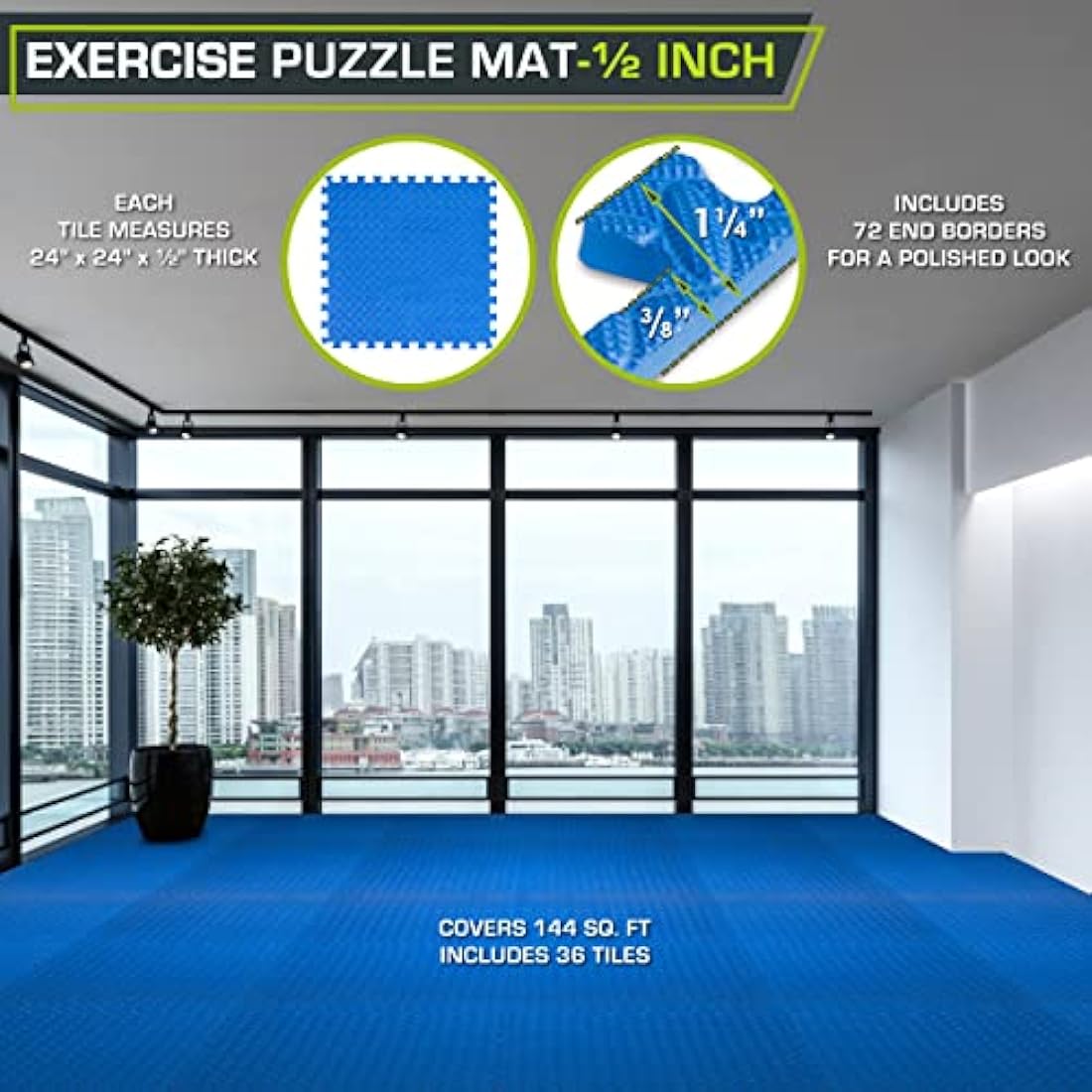 ProsourceFit Puzzle Exercise Mat ½ in, EVA Interlocking Foam Floor Tiles for Home Gym, Mat for Home Workout Equipment, Floor Padding for Kids, Blue, 24 in x 24 in x ½ in, 144 Sq Ft - 36 Tiles