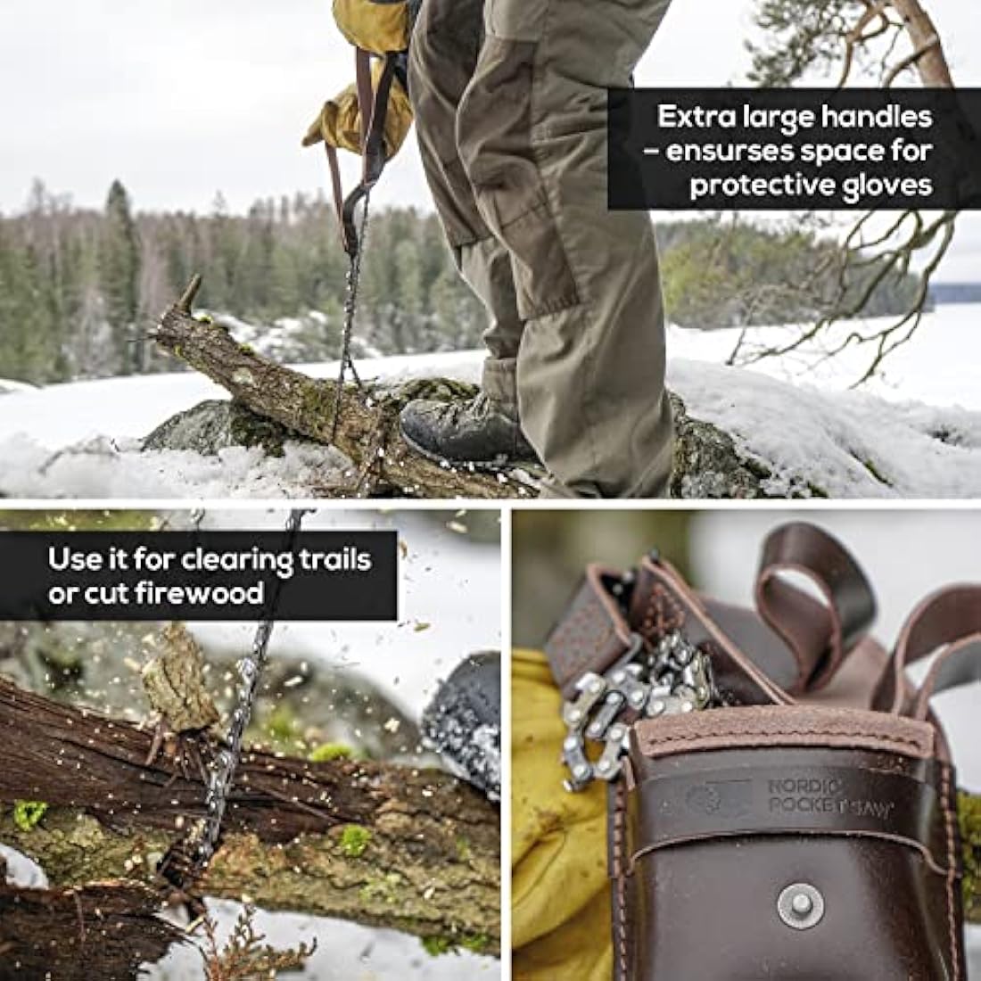 Nordic Pocket Saw for Camping - 65 cm Pocket Chainsaw with 33 Bi-Directional Teeth - Handy Backpacking Saw with Extra Large Nylon Handle Loops - Survival Chainsaw for Clearing Trails