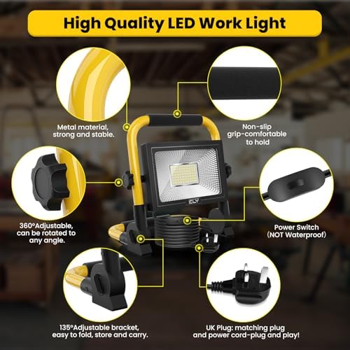 CLV 60W LED Work Light 5200LM, Job Site Light, Plug in Folding FloodLight, Portable Stand Work Lights Mains Powered LoftLight for Car Repairing Home Workshop Garage, 6500K Cold White 5M Wire with Plug