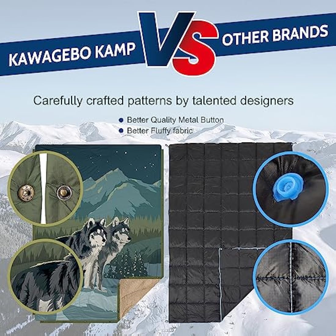 KawaGebo Kamp Outdoor Camping Blanket with Sherpa Lining, Extra Warm Thick Camp Blankets & Puffy Ultralight Soft Poncho DWR Camping Quilt for Cold Weather, Adventure,Sleeping,Backpacking 78"x 56"