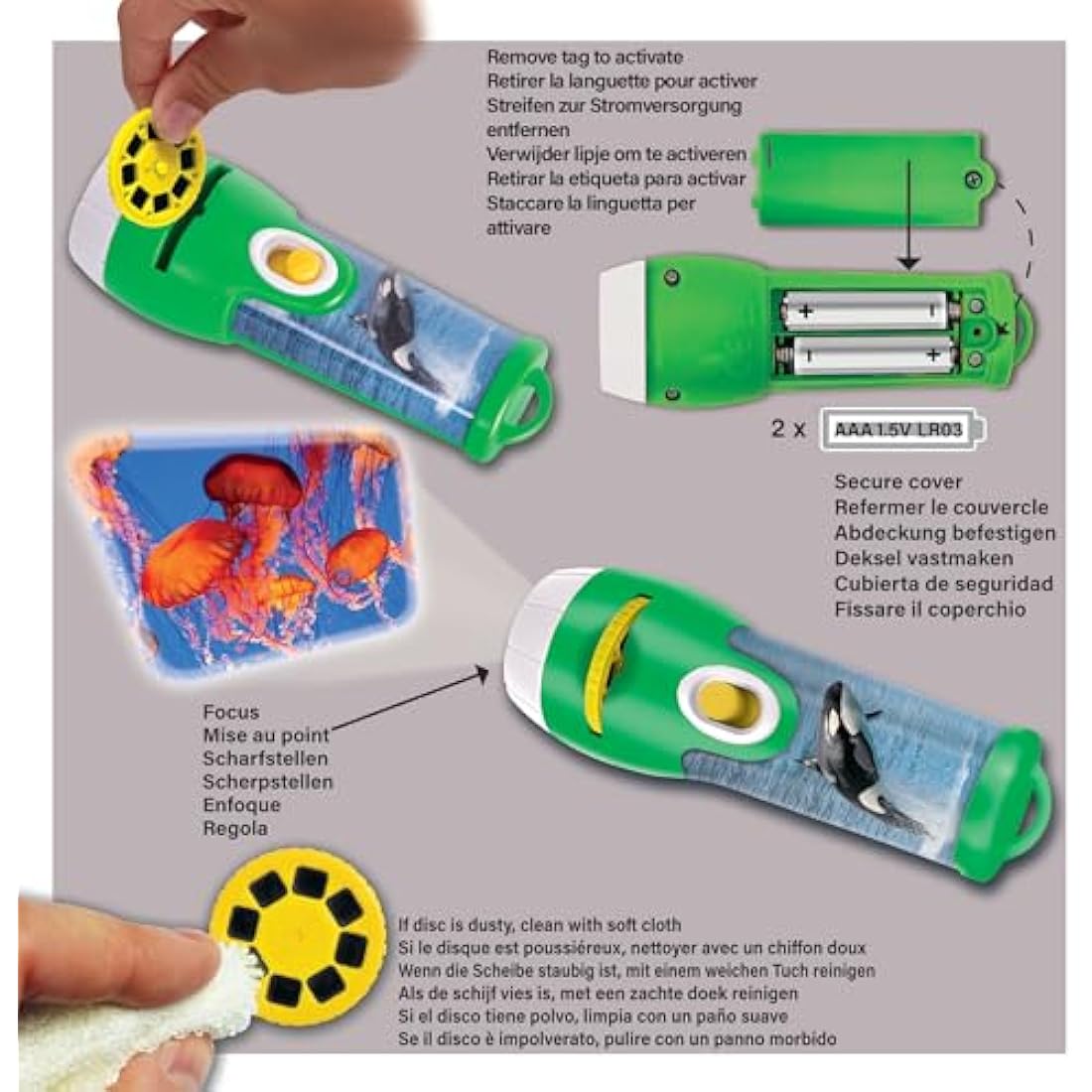 Natural History Museum Sea Creatures Stem Torch & Projector – 24 Ocean Animal Image Slides, Precise Projections up to 1 Metre Wide, Interactive Kids Fish Flashlight Toy