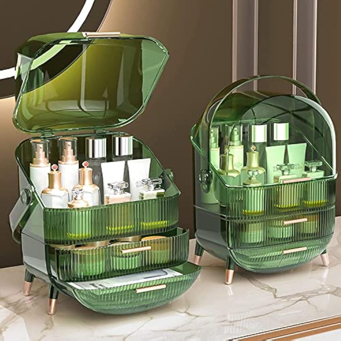 Kousee Makeup Organizer, 3 Layers Large Capacity Cosmetic Storage, Cosmetic Display Case with 2 Storage Drawers, Cosmetic Organizer for Bathroom Counter, Vanity Countertop, Bedroom-Retro Green