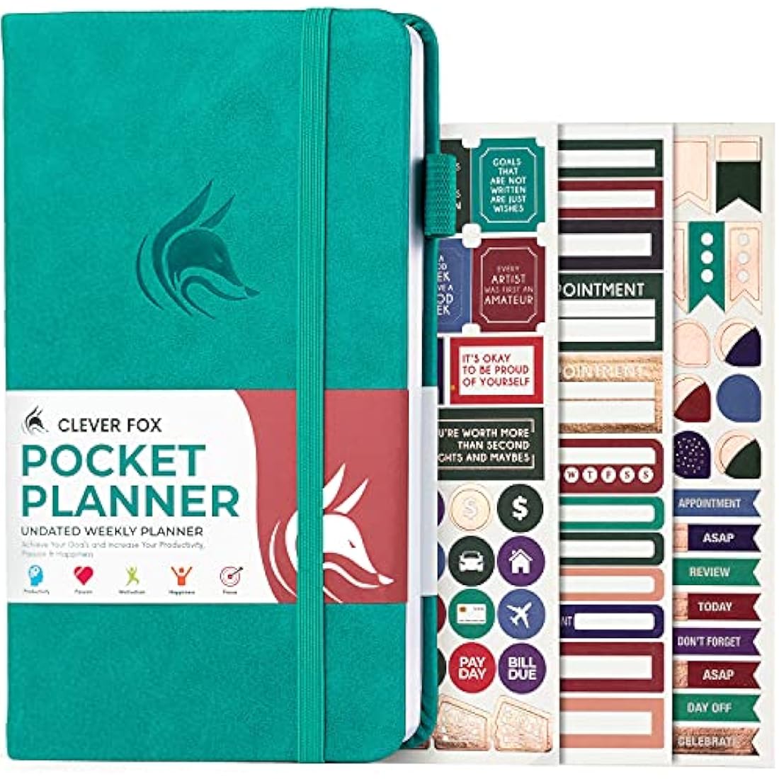 Clever Fox Pocket Weekly – Undated Monthly Goal Planner and Calendar, Mini Planner Perfect for Purse, 10x17.5cm (Turquoise)