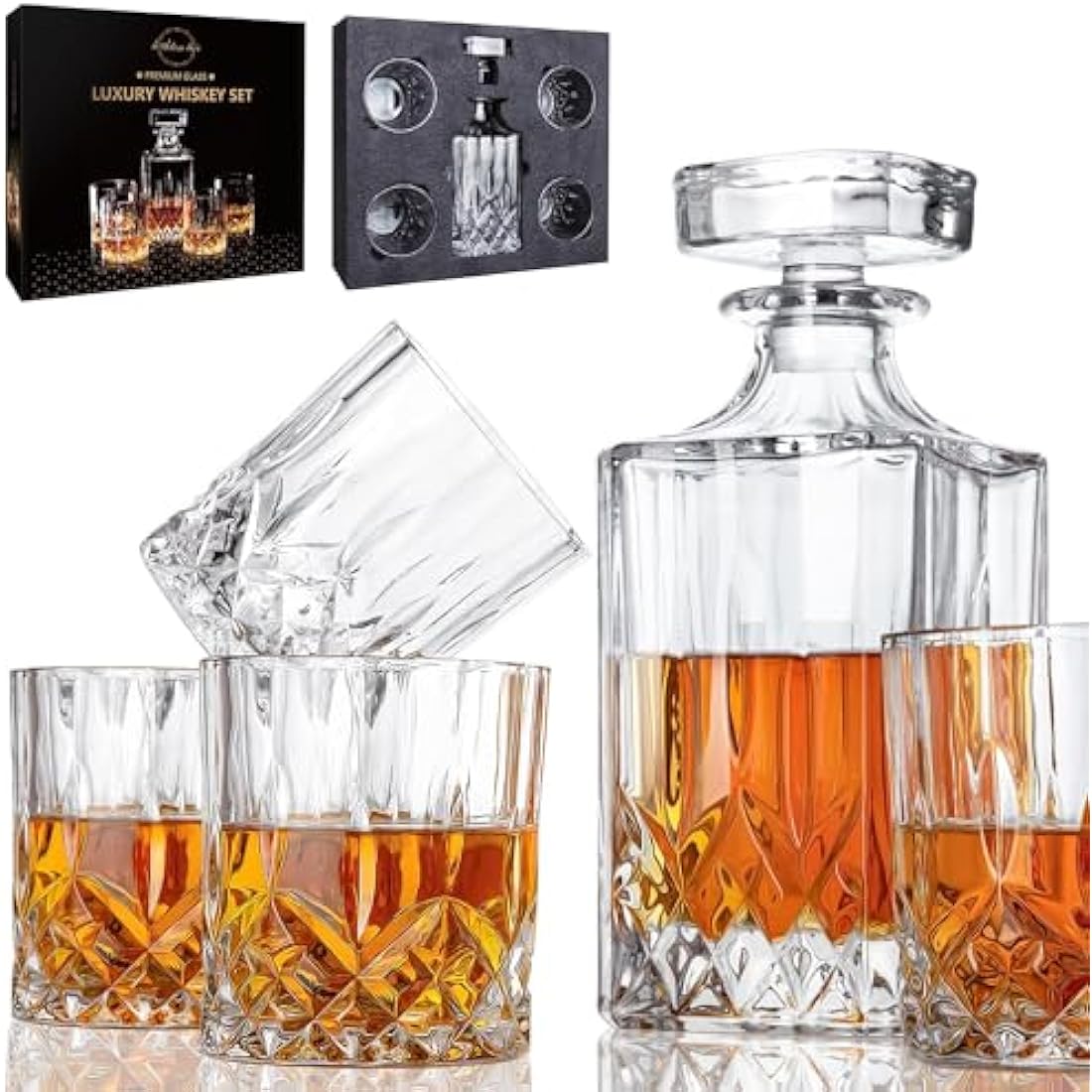 LIGHTEN LIFE 5 Piece Whiskey Decanter Set With 4 Glasses in Gift Box - Non-Lead Crystal for Bourbon, Scotch - Perfect for Men, Dad, Husband