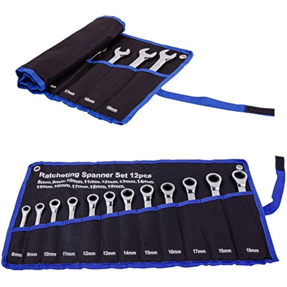 Qnkaa Ratchet Spanner Set Combination Wrench 12 Piece Metric Sizes from 8mm to 19mm with Roll Bag, Perfect for Home, Bike, Car Repairs