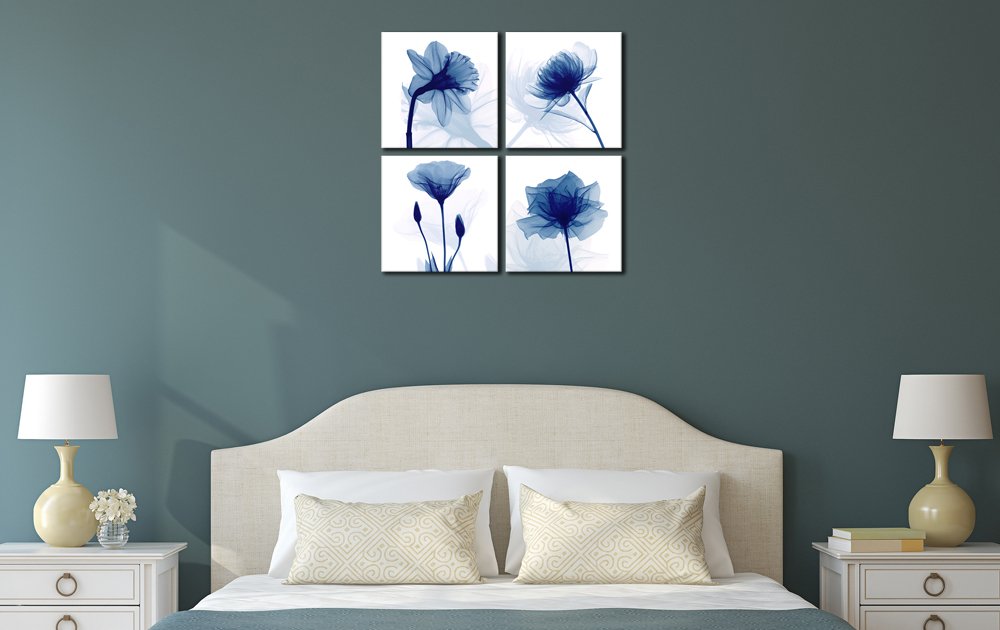 Wieco Art Large Blue Flickering Flower Modern Abstract Paintings Canvas Wall Art Grace Floral Pictures on Canvas Print 4 Panels Artwork for Living