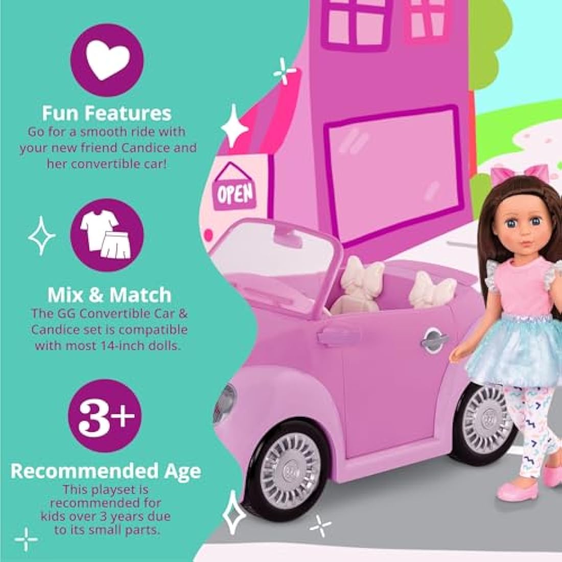 Glitter Girls – 14-Inch Poseable Doll & Purple Convertible Car – Rolling Wheels, Opening Doors, Trunk & Interior Storage – Toys, Clothes, and Accessories for 3+ Years - Candice & Car