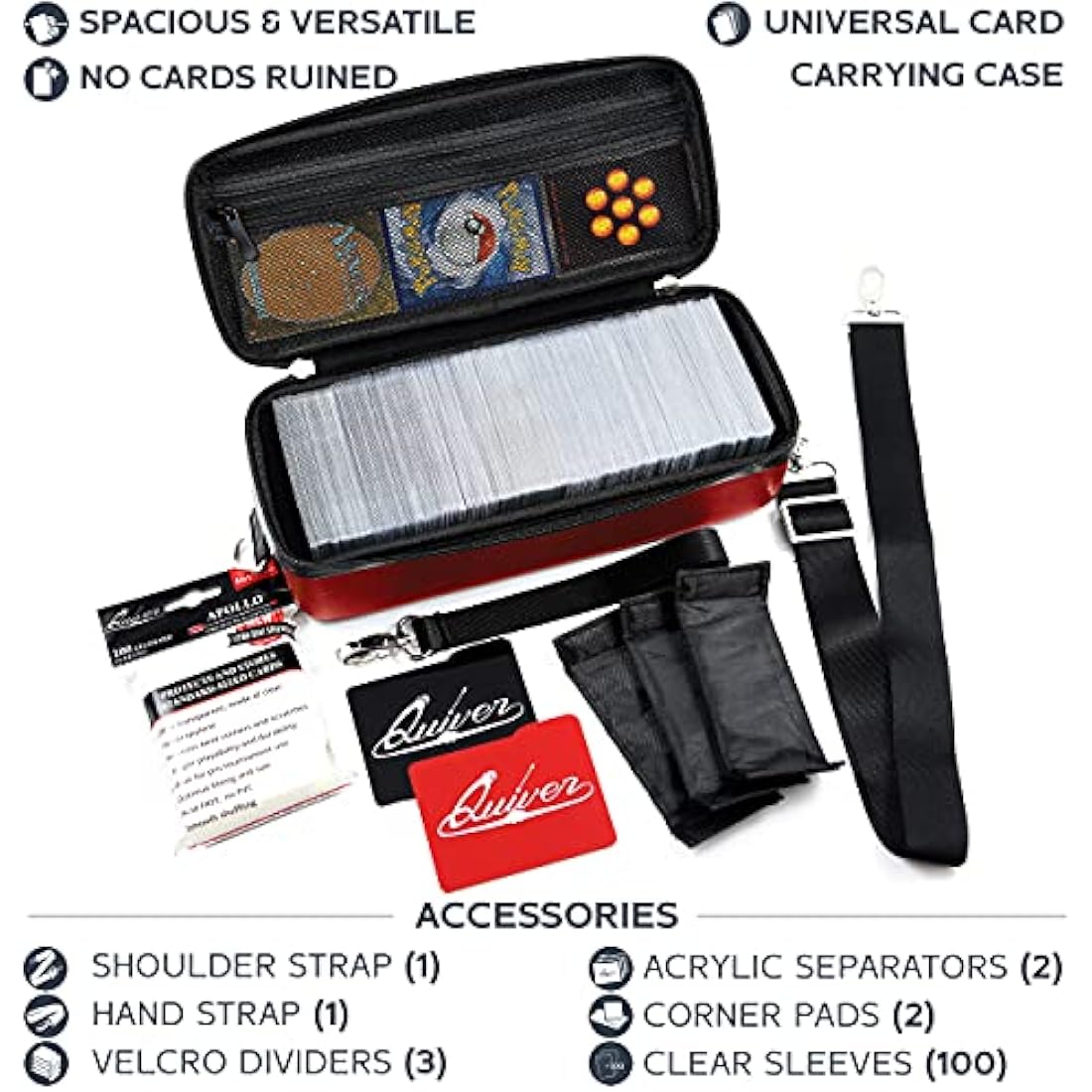 Quiver Time Red Bolt Card Carrying Case fits PM Cards and other TCG Games - Storage Bag for Playing/Trading Cards and Deck Box (Straps, Dividers & 100 Apollo Card Sleeves)