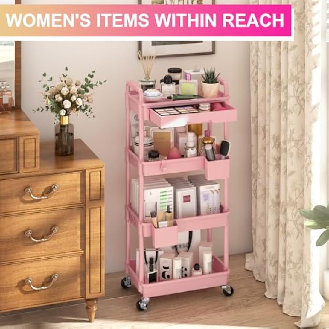 Yeabett 4 Tier Craft Trolley, Storage Trolley On Wheels Utility Cart With Drawer For Kitchen, Bathroom, Office, Living Room, Pink