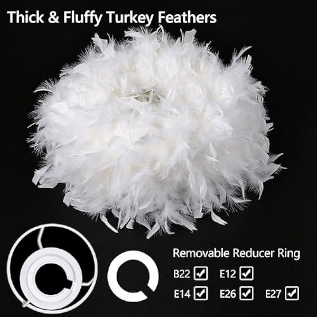 Waneway 50cm White Feather Lamp Shade for Ceiling Pendant Light, Floor Lamp & Table Lamp, Non-Electrical Lightshade with a Reducing Ring for Living Room and Bedroom, ID 40cm, OD 50cm