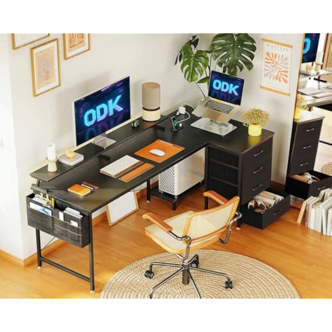 ODK Corner Desk with Drawers, L Shaped Computer Desk 160x80cm with USB Charging Port & Power Outlet, Home Office Desk with Monitor Stand and PC Stand, Gaming Desks Workstations, Black