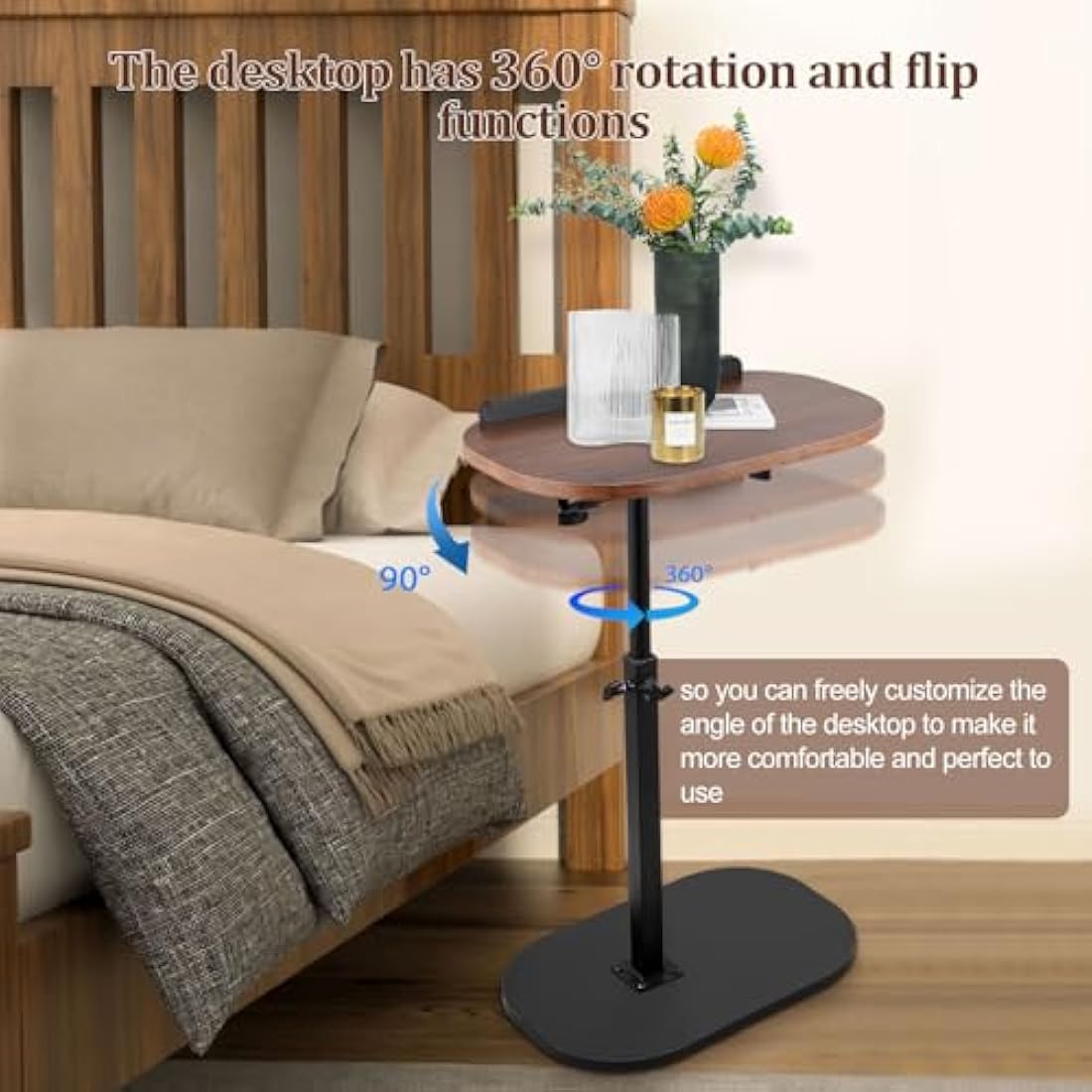 Neulriscn C Shaped Side Table, Height Adjustable C-Shaped End Table, 360° Swivel End Tables, Slide Under Couch Tables, Metal Frame, Small Snack Coffee Tray for Sofa, Bed, Bathtub, Living Room, Bedroom