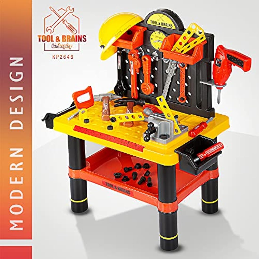 Kinderplay Kids Tool Bench | Kids Workbench - 50 pcs Kids Tool Set | Toll Bench for Toddlers| Kids Tool Box with Drill and Helmet | Kids Tool Kit "Tools&Brains”, KP2646