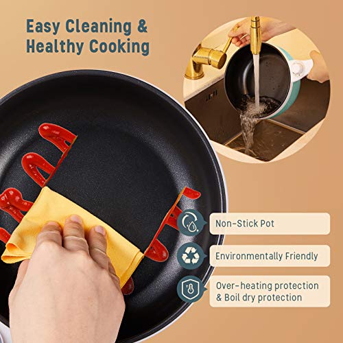 Vocha Electric Hot Pot, 1.5L Mini Portable Electric Pan Non-Stick, Multi-Cooker with Lid for Travel/Dormitory, Silicone Spatula Included (Green)