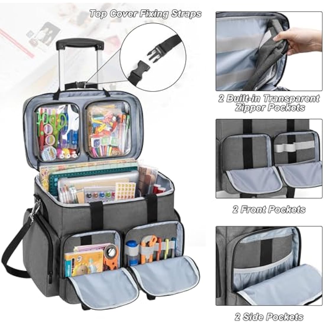 CURMIO Rolling Scrapbook Tote with Padded Laptop Sleeve, Wheeled Scrapbook Supplies Storage Bag with Detachable Trolley and Bottom Wooden Board, Rolling Craft Bag for Scrapbooking Supplies, Grey