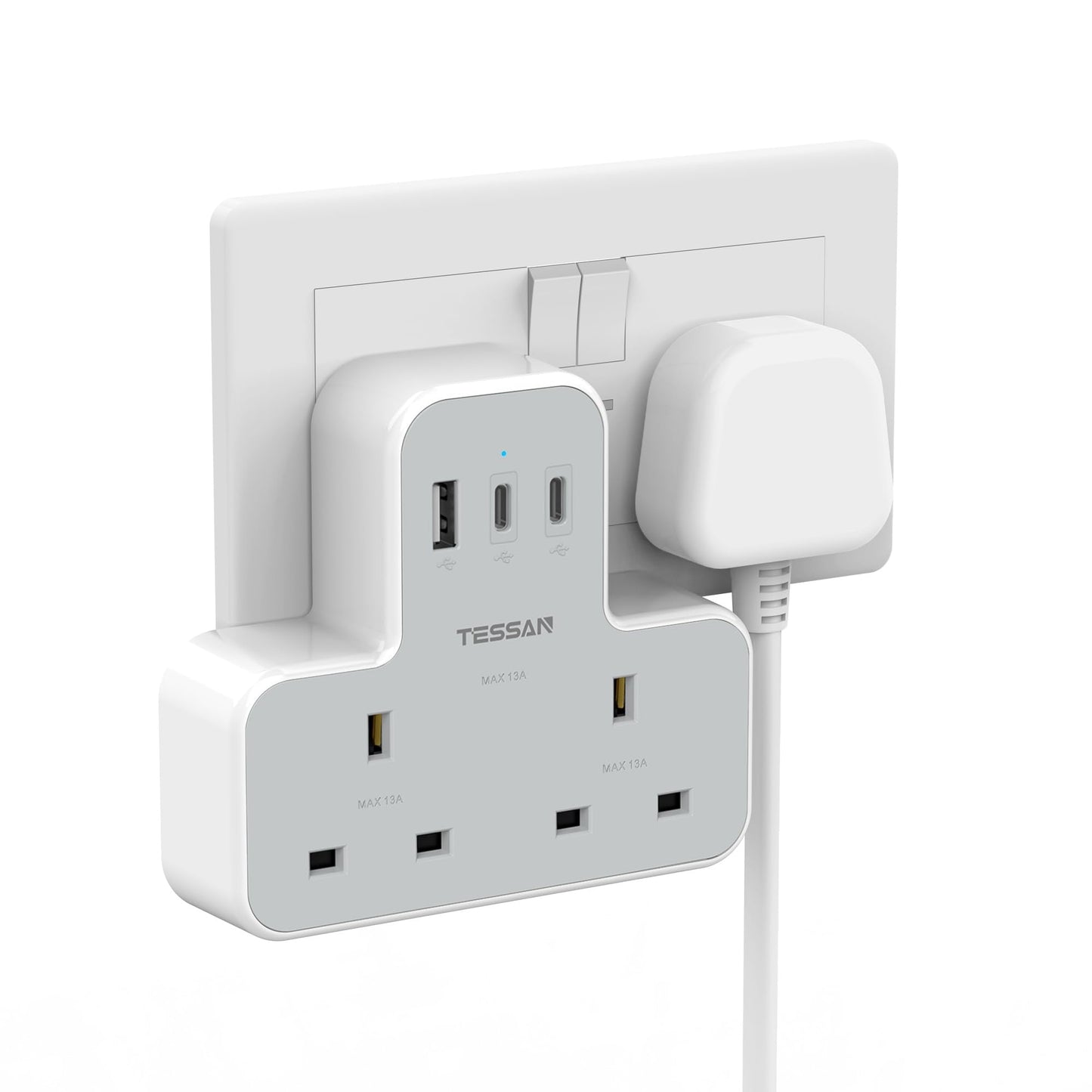 USB C Charger Plug Adapter UK, TESSAN Double Plug Extension Socket with Fast Charger, Multi USB Charging Station, MultiPlug Extender Compatible for