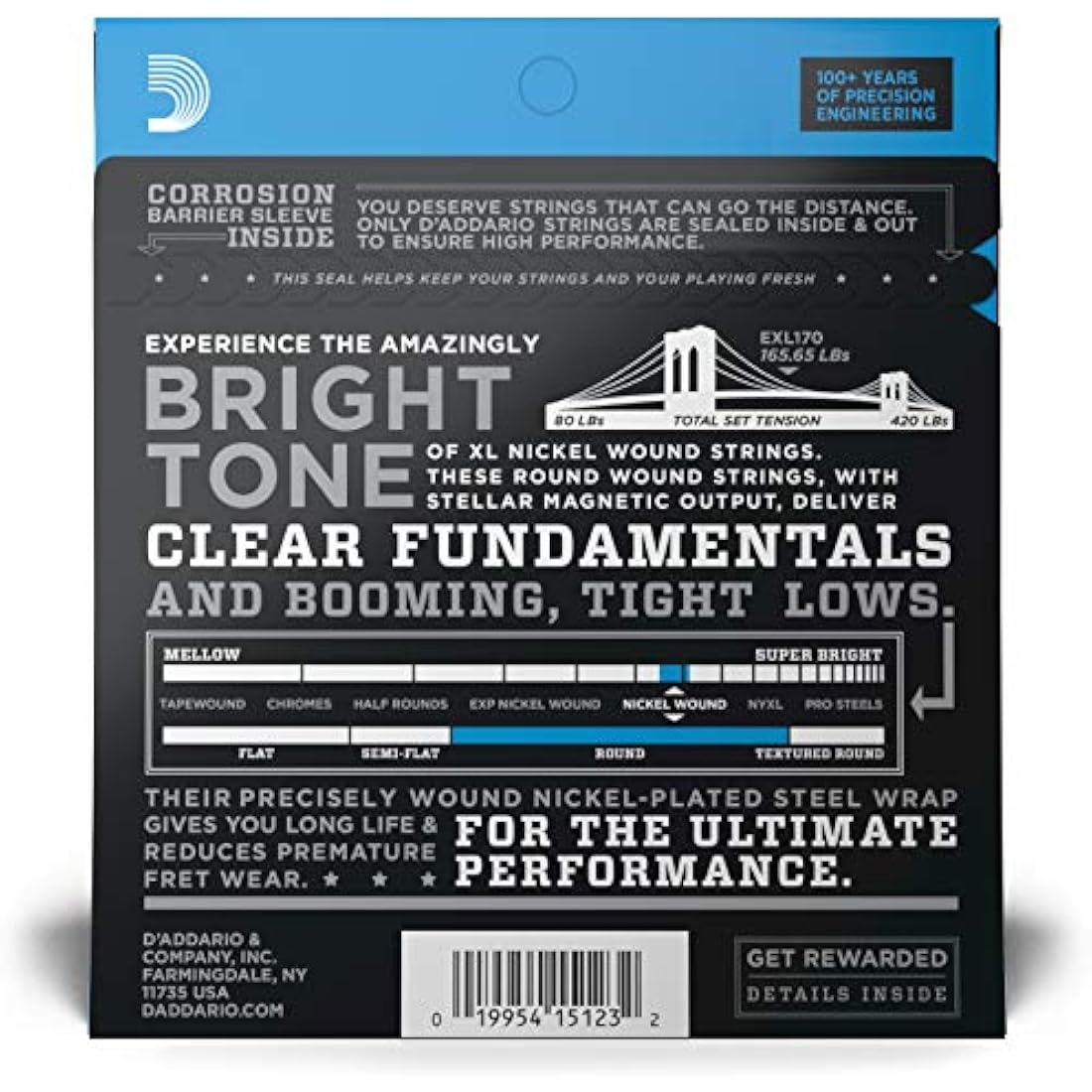 D'Addario Bass Guitar Strings - XL Nickel - EXL170 - Perfect Intonation, Consistent Feel, Powerful Durability - 4 String Set - 45-100 Regular Light, Long Scale