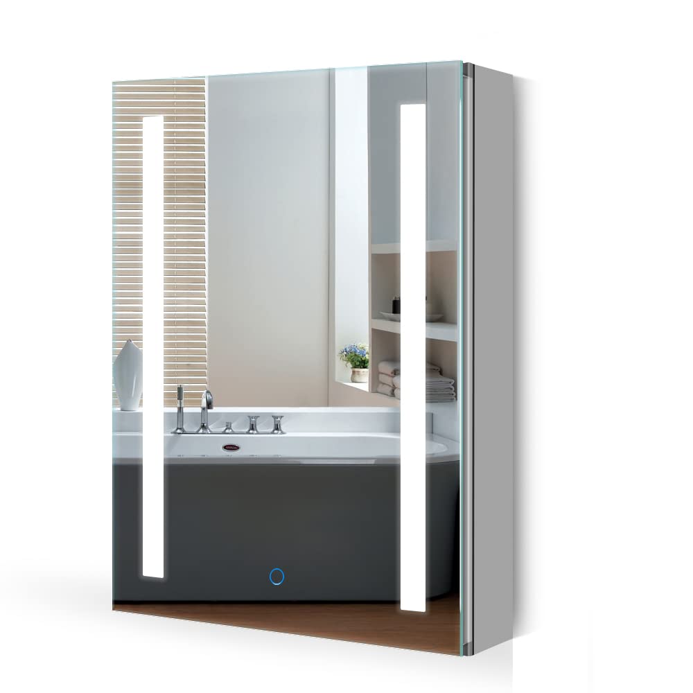Quavikey? Bathroom Mirror Cabinet with Light and Shaver Socket,Grey LED Bathroom Cabinet with Mirror Wall Mounted Removeable Shelf and Built-in