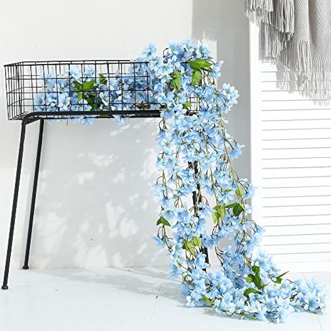 JUSTOYOU 2 x 5.7 ft Artificial Sakura Cherry Blossom Hanging Flowers Vine Fake Sakura Garland Home Garden Wedding Party Decoration (Blue)