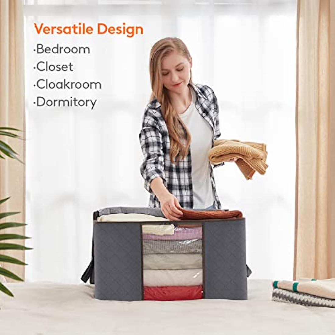 Lifewit 95L Clothes Storage Bags Large Storage Box With Lid Packing Boxes for Moving House With Reinforced Handle Thick Fabric Clear Window for Clothes Duvet Blankets Bedding, 8 Pack, Grey