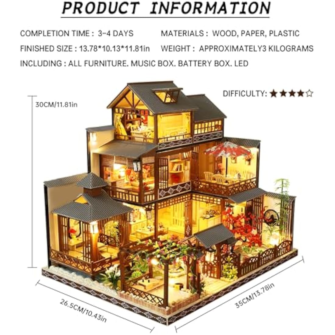 Spilay Diy Miniature House Kit, Mini Handmade Doll House with LED & Dust Cover & Music Box, 1:24 Scale Creative Handmade Craft Gift for Adults & Teens (Age 14+) - Japanese Yaquan Courtyard P006