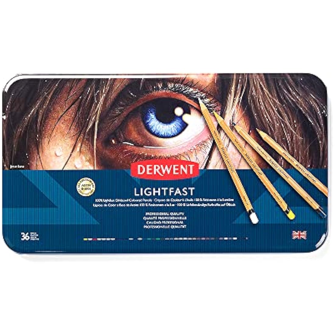 Derwent 2302721 Lightfast Pencils Tin Round,Premium Core Strength,Creamy Texture,Ideal For Fine Art Drawing & Colouring, Professional Quality set of 36,Yellow,Green,White,Salmon,Violet,Brown,Black