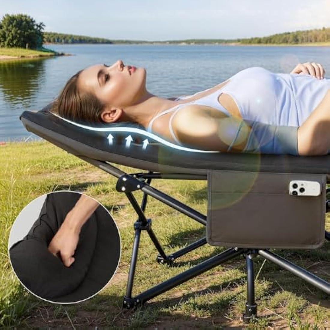 OVERMONT 28" Extra Wide Padded Folding Camping Beds for Adults - Comfortable Portable with Cushion and Pillow - Folding Cot with Carry Bag Supports 550 lbs for Outdoor Travel Home Office Nap